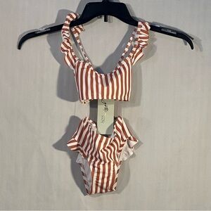 Gottex Kids Swimwear 2 Piece Striped Ruffle White & Brown Terraco 5